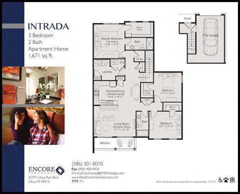 Floor plan for 3 beds, 2 baths, 1671 sqft